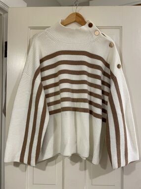 Ann Taylor Cream and Brown Striped Button-Shoulder Turtleneck Sweater